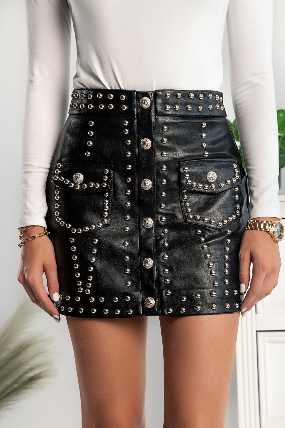 Faux leather mini skirt with rivets Papiola, black