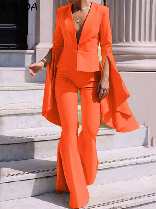2PCS Elegant Sets 2023 Fashion Casual Solid Color Party Pants Suits