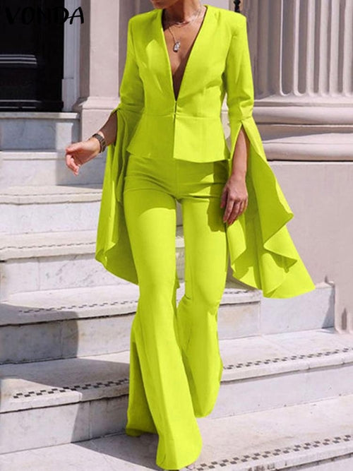 2PCS Elegant Sets 2023 Fashion Casual Solid Color Party Pants Suits