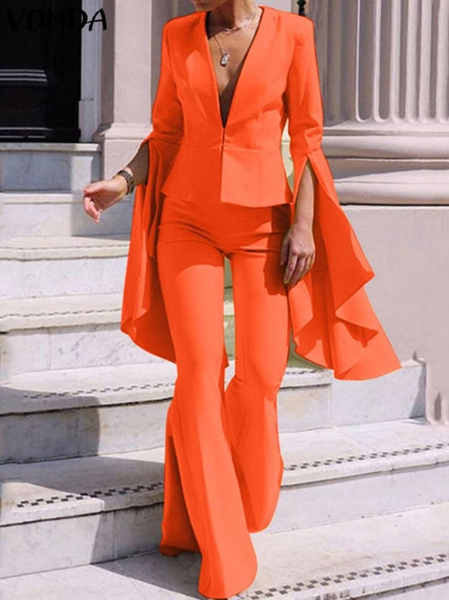 2PCS Elegant Sets 2023 Fashion Casual Solid Color Party Pants Suits
