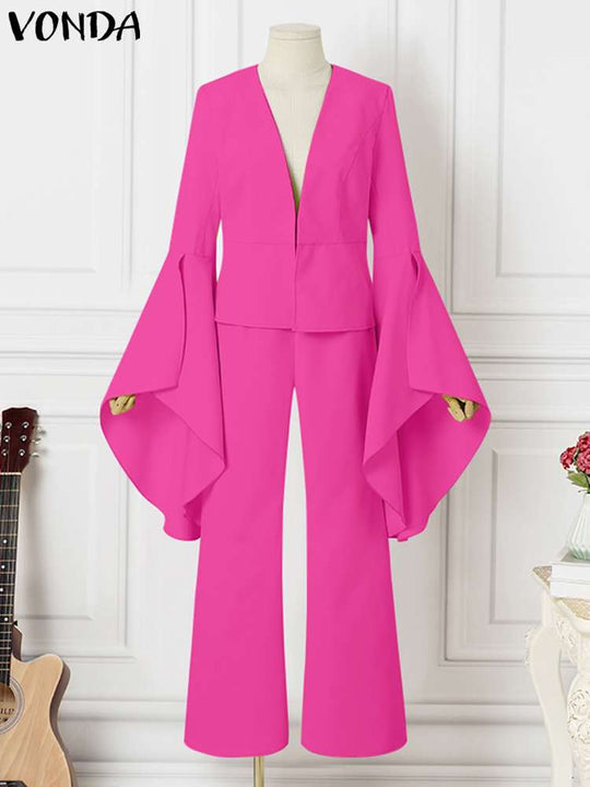 2PCS Elegant Sets 2023 Fashion Casual Solid Color Party Pants Suits