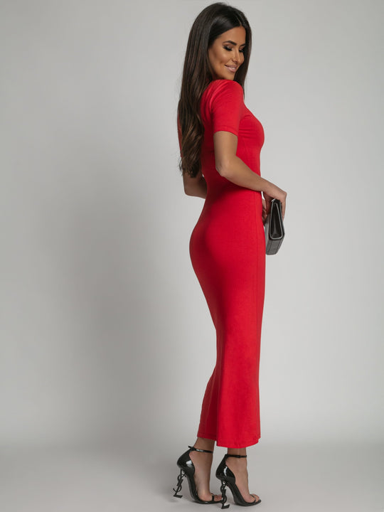 Red turtleneck midi pencil dress