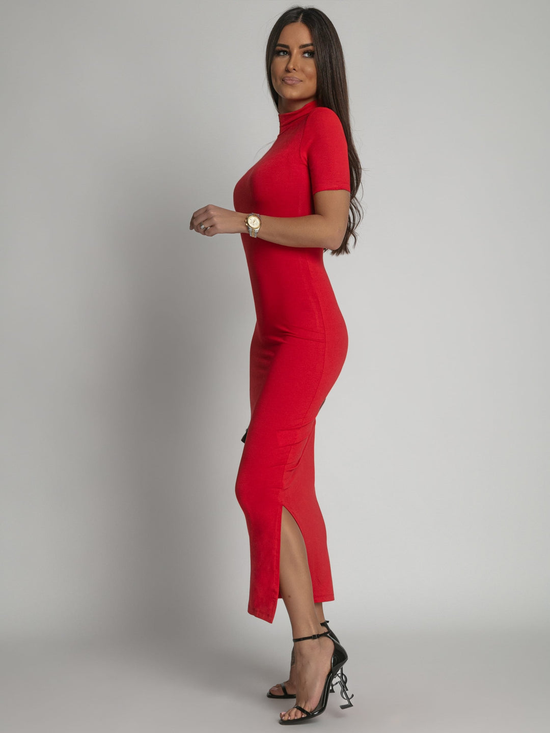 Red turtleneck midi pencil dress