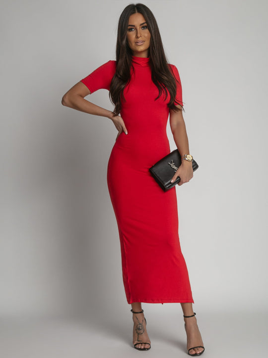 Red turtleneck midi pencil dress