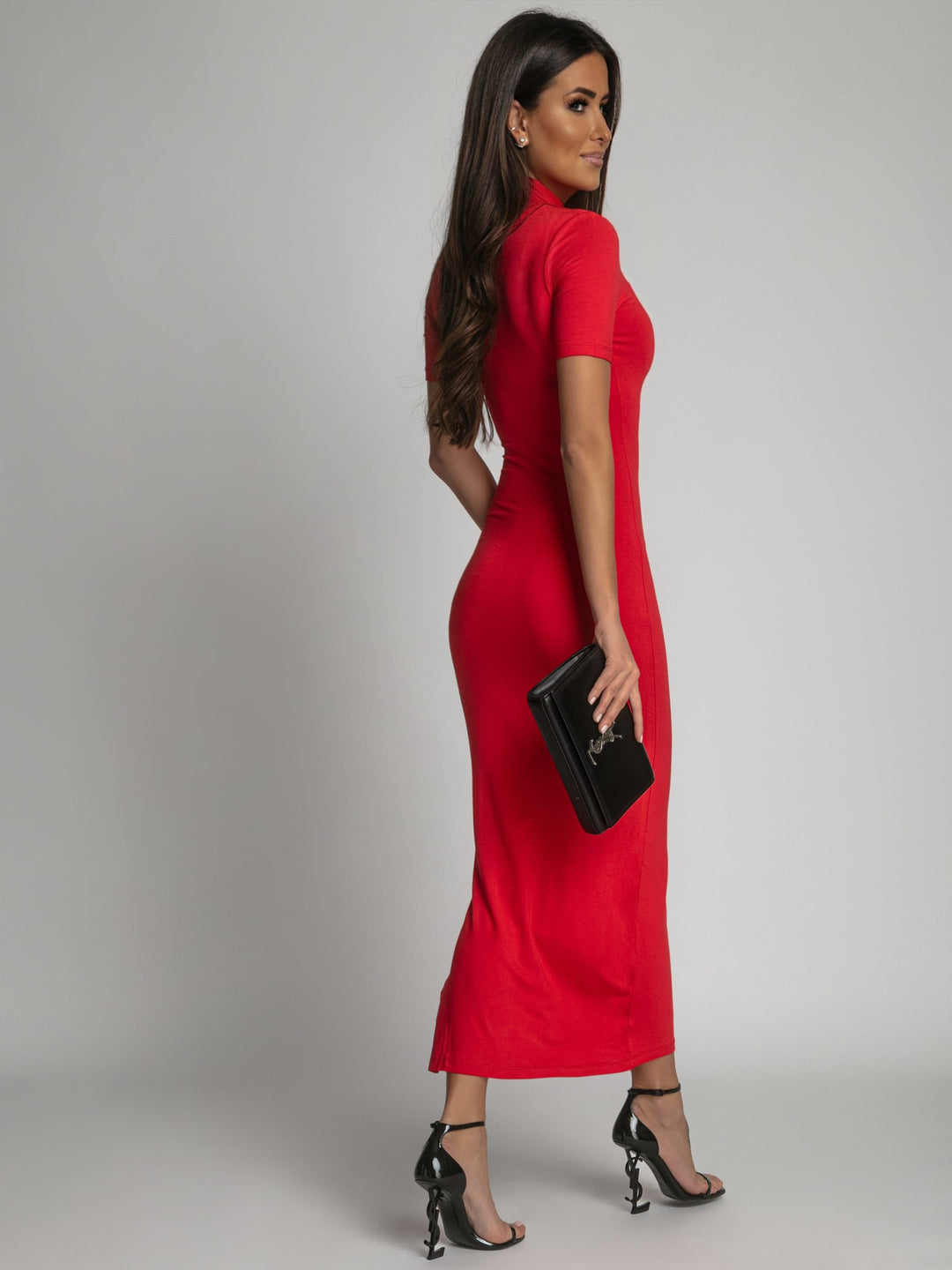 Red turtleneck midi pencil dress