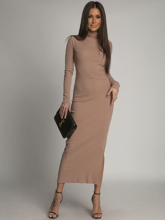 Cotton fitted maxi dress with cappuccino turtleneck